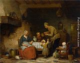 Table Canvas Paintings - A Peasant Family Gathered Around the Kitchen Table